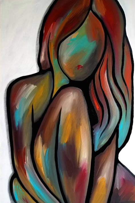 this abstract painting depicts a woman's figure in a contemplative pose. her body is rendered in bold, vibrant colors and brushstrokes, creating a sense of movement and energy. the use of contrasting colors and strong lines adds depth and dimension to the composition, while the woman's silhouette suggests a sense of introspection and mystery. the painting's overall mood is both sensual and moody, capturing a moment of quiet contemplation.