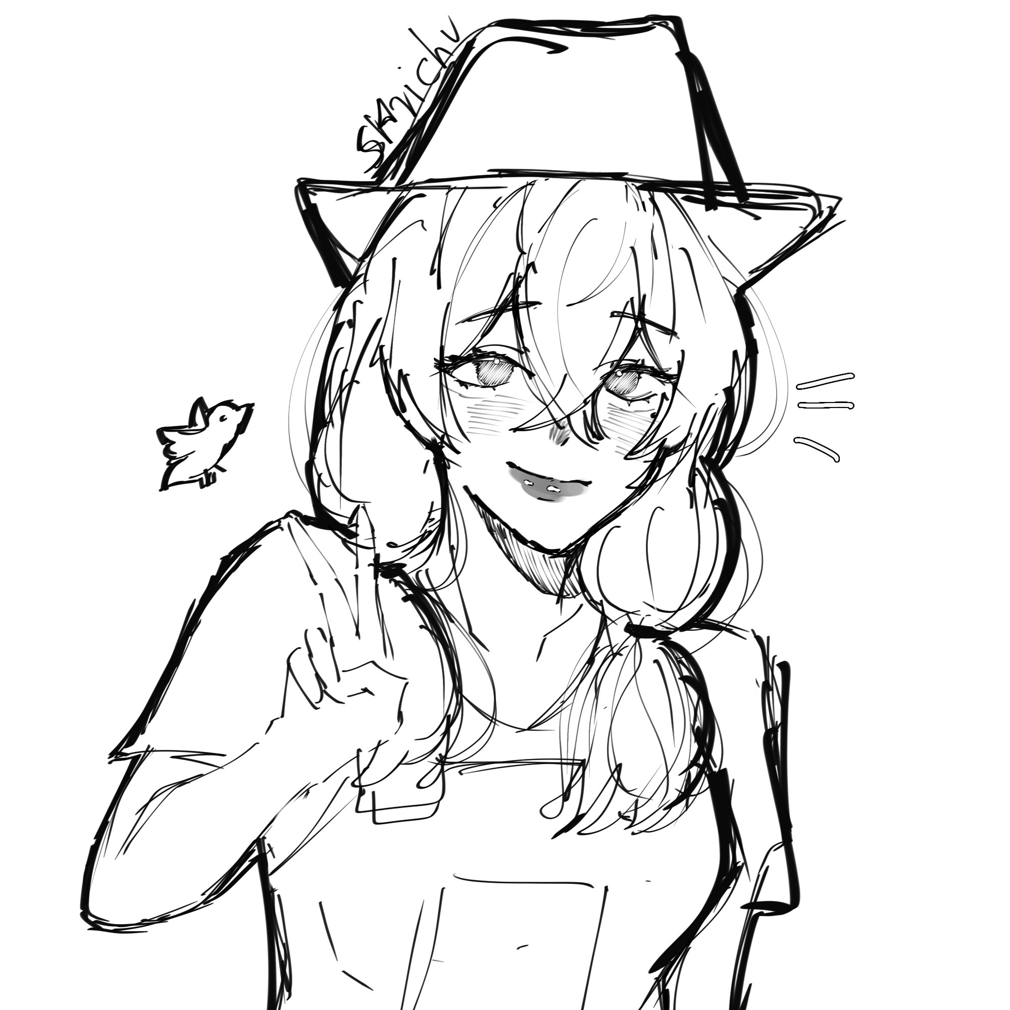 a sketch of an anime girl with a cute hat and overalls. she has a smile on her face and is holding up a peace sign. a small bird is seen to the left of her, watching.