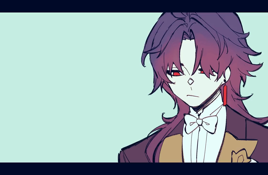 this digital art illustration features an anime male character with long purple hair and red eyes. he has red earrings and is wearing a black suit with a bow tie. his expression is serious and he is looking to the side.