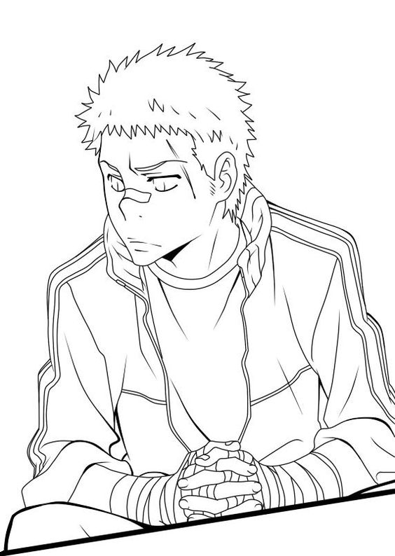 this is a black and white line art drawing of an anime style male character with spiky hair, wearing a track jacket. his hands are clasped in front of him. he appears to have a scar under his right eye.