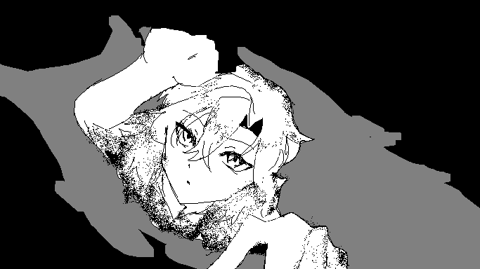 a black and white illustration of an anime or cartoon character. the character is in a portrait view, with their head and upper body visible. the artwork is monochrome, with intricate line work and shading.