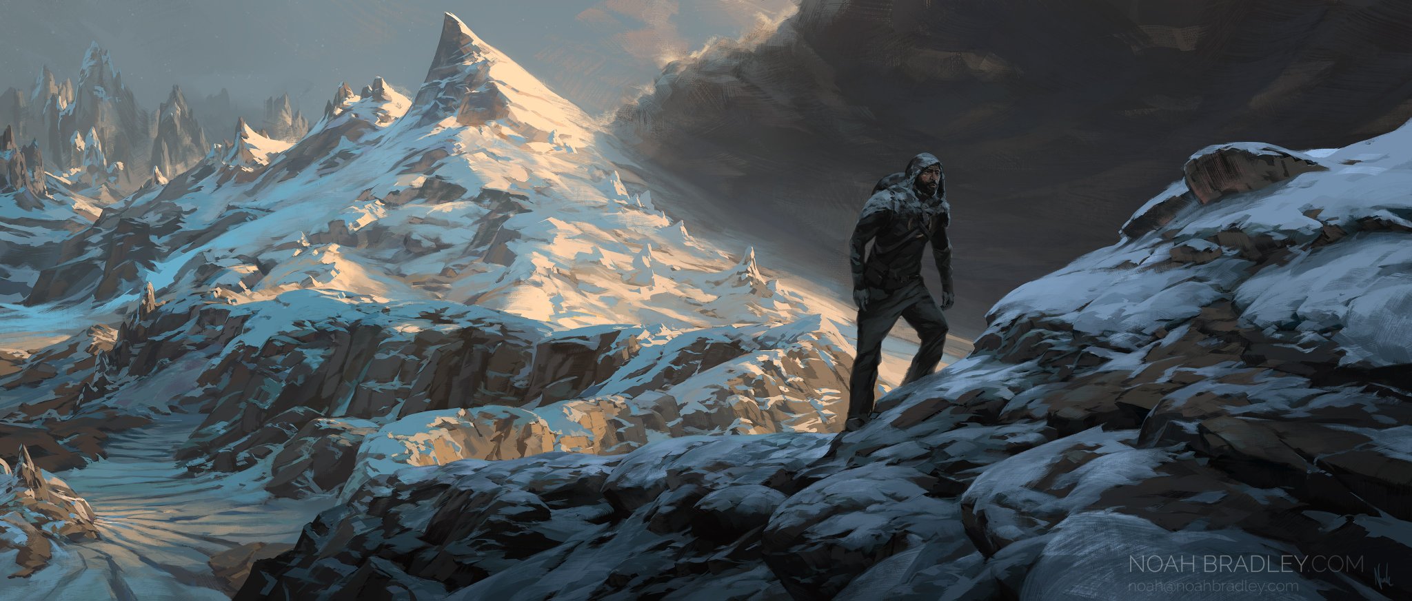a man in winter clothing traverses a snowy mountain pass. he is positioned in the foreground to the right, facing left, and is illuminated by sunlight from the left. the lighting is dramatic, with the left side of the image bathed in warm sunlight and the right side shrouded in dark storm clouds. the mountains in the background are partially snowcovered and rise to meet the stormy sky. the overall palette is cool and muted, with blues, grays, and whites dominating.