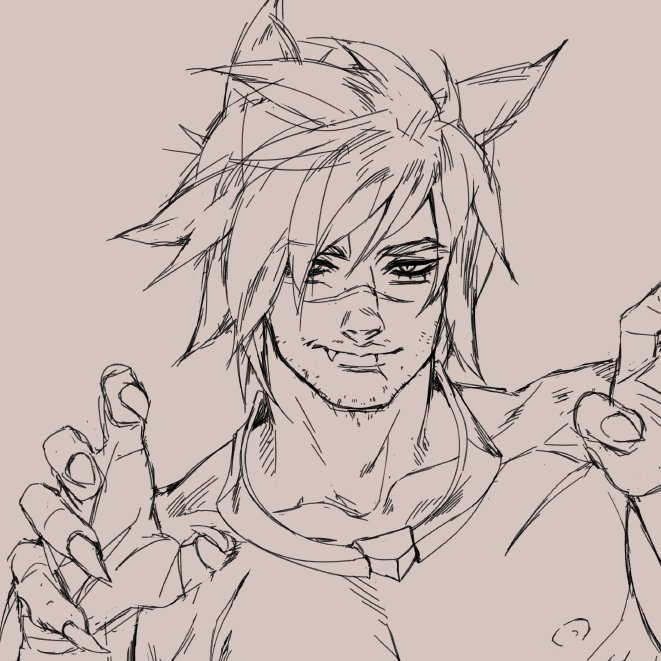 this is a sketch of a young anime male character. he is drawn with a sharp jawline, pointed ears, and fangs. he is smirking, looking sly and cool, and has claws on his hands. the image is drawn in black and white.