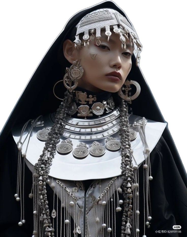 a woman with dark hair and dark eyes is wearing a black gown and a silver headdress. she is adorned with elaborate silver jewelry. the woman's eyes are staring directly at the camera and she is wearing a neutral expression on her face. the image is taken in a studio setting and has a simple backdrop.