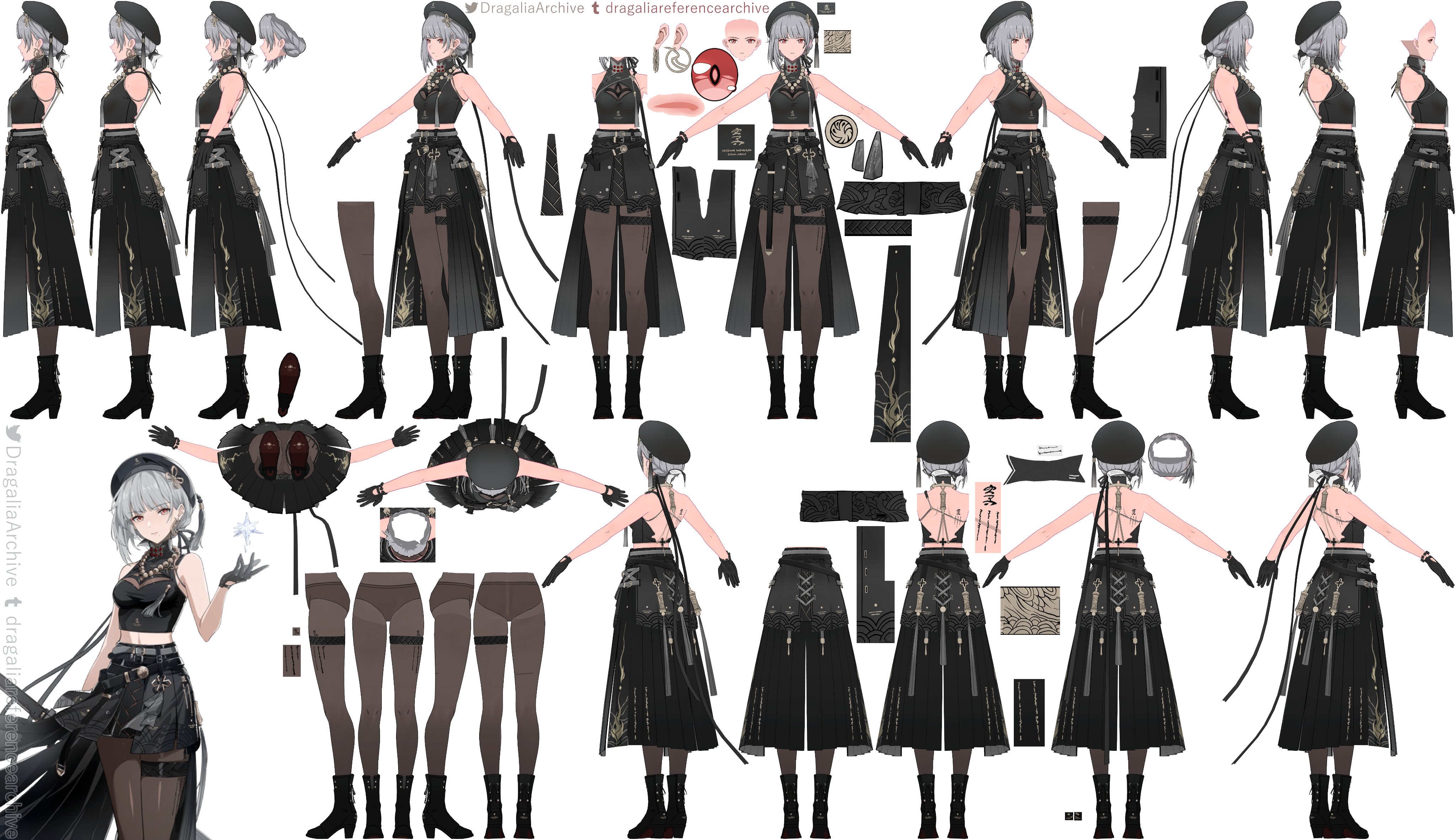 his image is a model sheet for an animestyle female character.  the sheet provides a comprehensive view of the character from various angles and perspectives, showcasing her clothing, accessories, and overall design.  the different poses include front, back, side, and 3/4 views, along with individual components of her attire like the skirt, top, boots, and accessories.  there are also closeups of facial features and detailed shots of the clothing's texture and patterns. the overall style suggests a potential design for a video game character, virtual youtuber (vtuber), or similar digital media application. the character design is dark and detailed, with a combination of black and gold elements.  the model sheet is highly detailed, likely intended for professional use in game development, animation, or other creative projects.