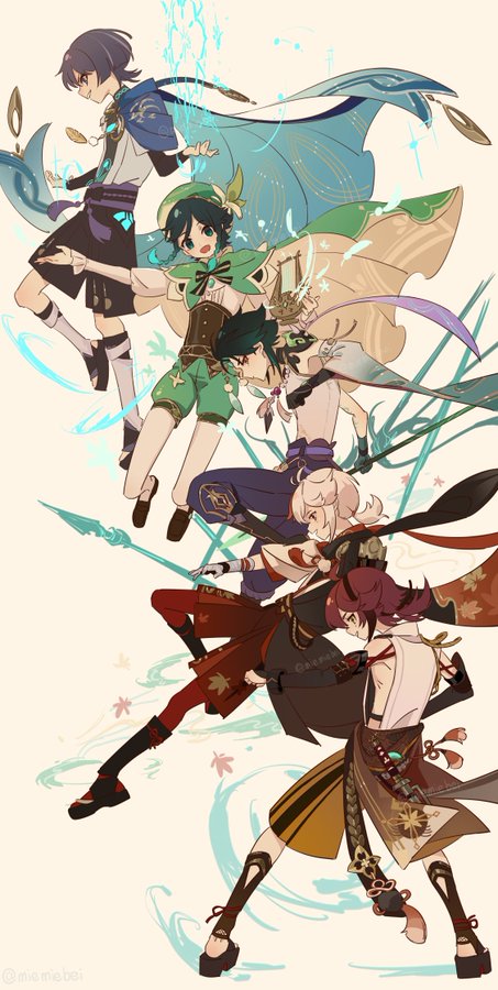 the image features five anime characters in midbattle, with a focus on the action and power of their attacks. the characters are all dressed in elaborate costumes, each with their own distinct style. the image is full of energy and movement, with the characters' poses and expressions conveying their determination and ferocity.