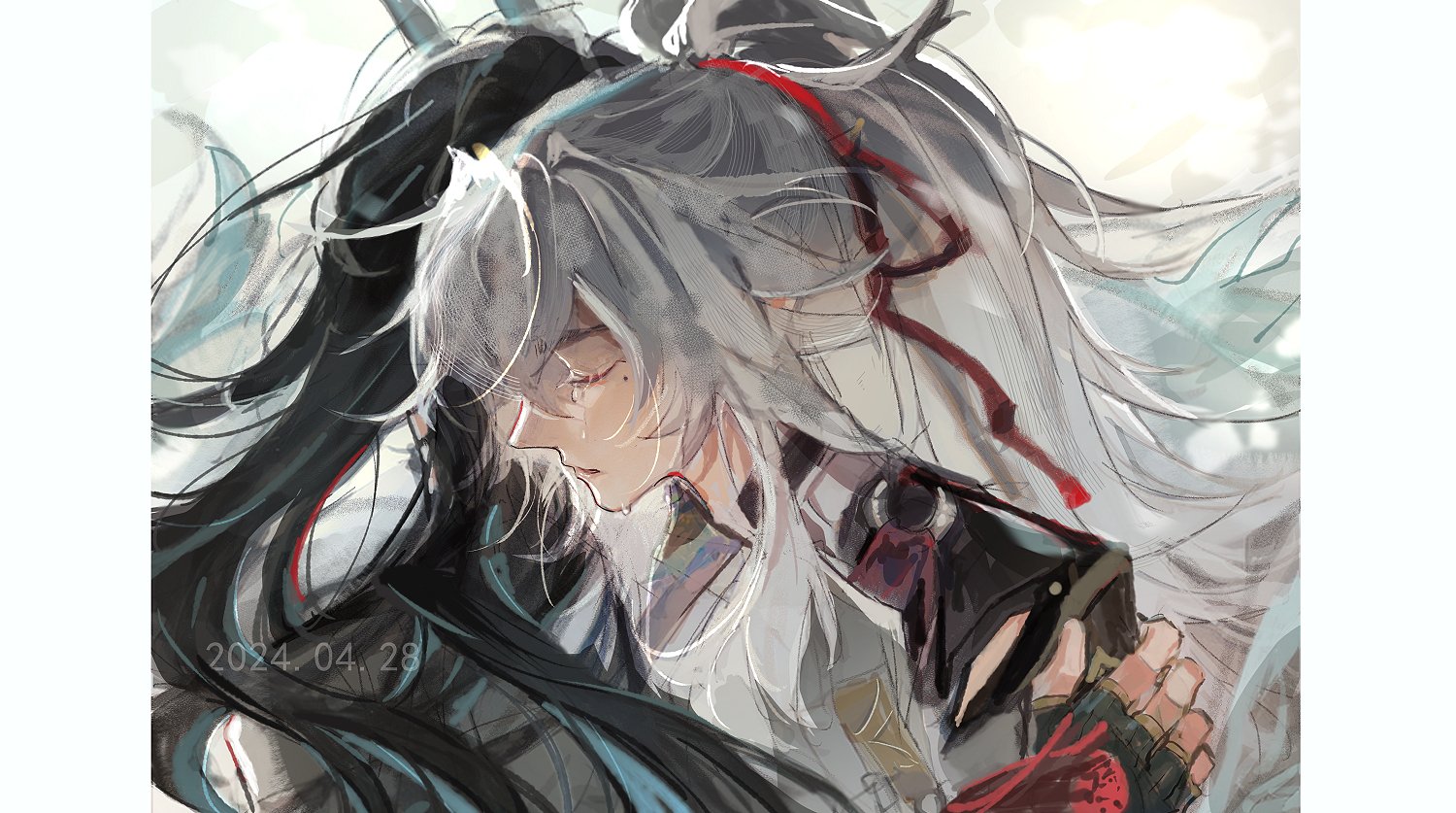 a digital art illustration of two anime female characters hugging. the character on the left has long black hair and is wearing a black and white outfit. the character on the right has long white hair and is wearing a black and red outfit. they appear to be hugging each other tightly and the character with white hair is crying. the background is a soft grey color.