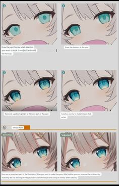 the image is a stepbystep tutorial on how to draw anime eyes. the tutorial is broken down into six steps, each with a corresponding image and text description. the tutorial covers how to draw the pupils, irises, highlights, and shadows.