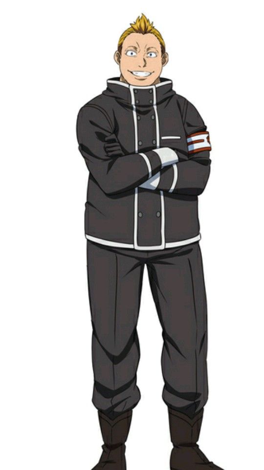 this is an anime style image of a male character with blonde hair. he is wearing a black jacket with white trim, black pants and boots, and he has a white shirt. the character has a friendly, smiling face and is standing with his arms crossed in front of him.