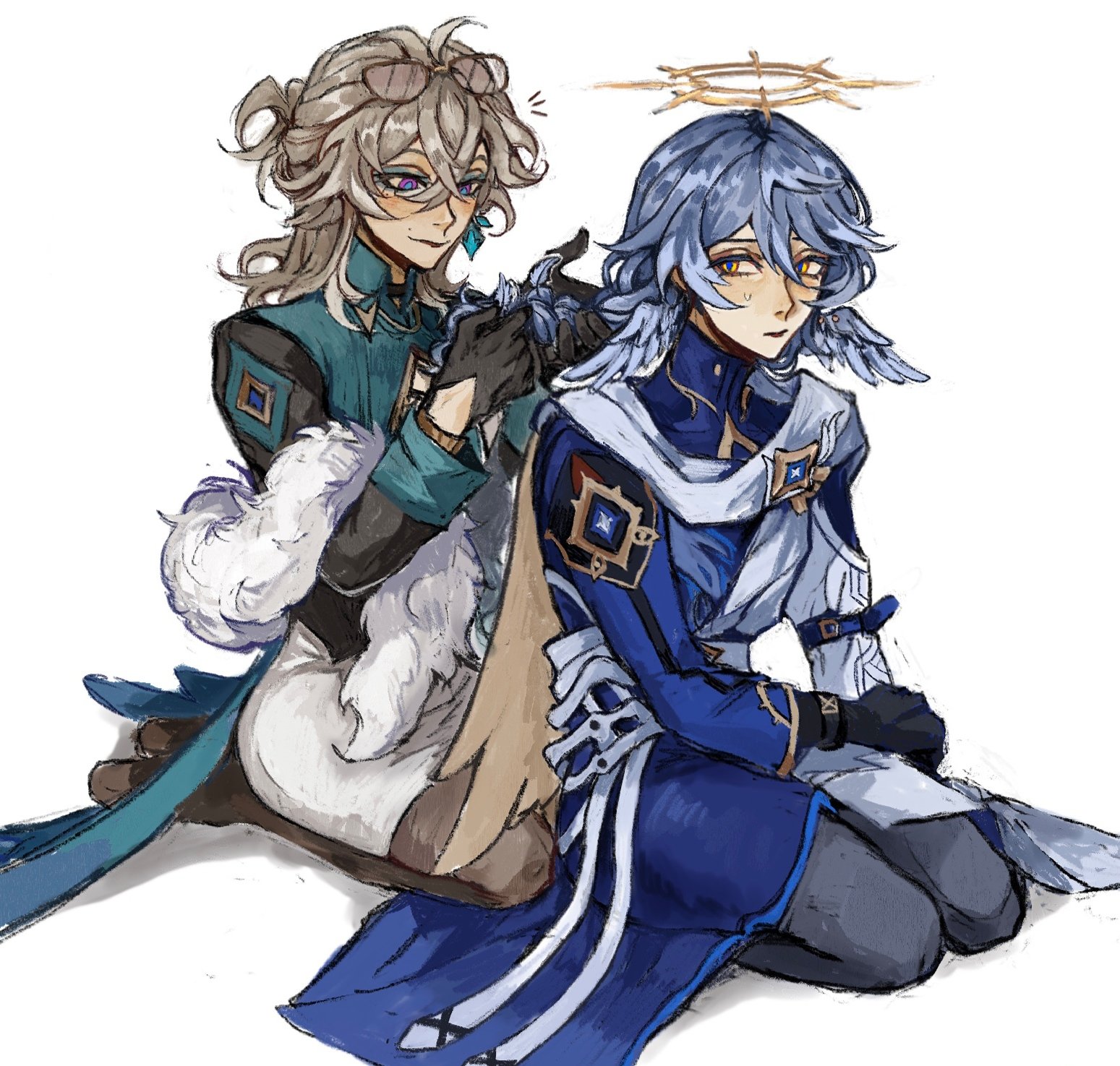 the image is a piece of fanart depicting two male characters, seemingly from the game genshin impact.  one character, possibly albedo, with long light blonde hair and teal clothing, is gently styling the hair of the other, who appears to be heizou, with short blue hair and a blue outfit with a halo above his head.  they are sitting close together, suggesting a friendly or intimate interaction. the art style is reminiscent of anime and manga, with soft shading and detailed clothing.  the image is digitally created and displays a high level of skill in character design and coloring.