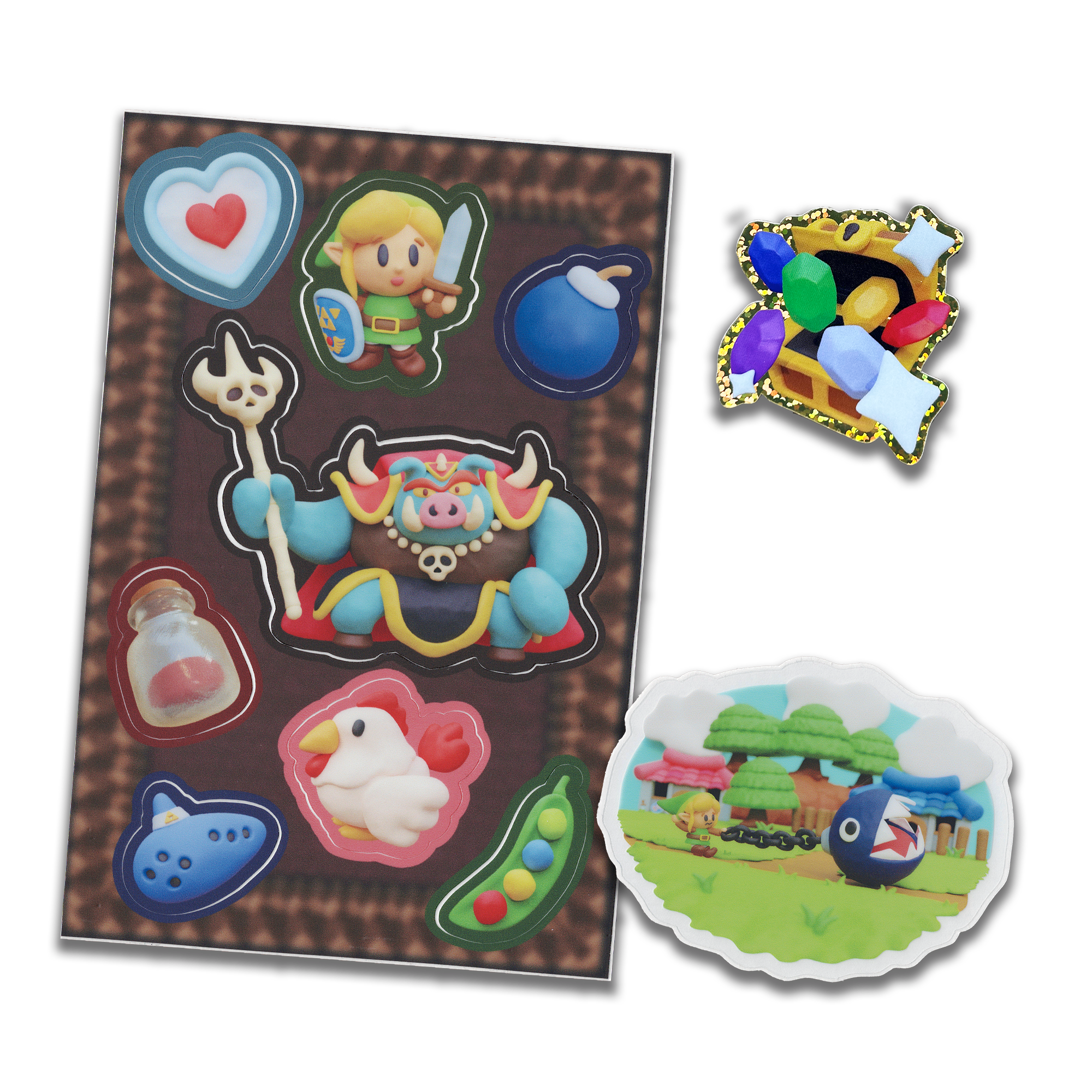 a collection of stickers featuring characters and items from the legend of zelda series. the stickers are on a light brown background with a dark brown border. the stickers include: link, ganondorf, princess zelda, a bomb, rupees, the ocarina of time, the master sword, and the triforce. the stickers are all in a style that is reminiscent of the original legend of zelda games.