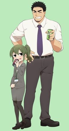 a young girl with short green hair, wearing a grey suit, stands beside a tall, muscular man. the man is wearing a white shirt, a purple tie, and grey pants. they are both holding cans, likely containing drinks. the background is a plain light green. the overall style suggests this is from a japanese manga or anime.