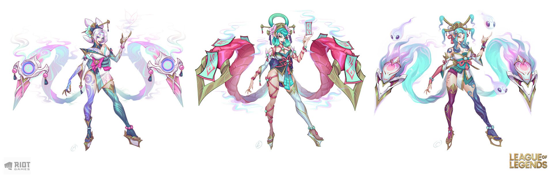 the image showcases three variations of concept art for a league of legends character, likely lillia's spirit blossom skin.  each panel features the character in a flowing, pastelcolored kimonoinspired outfit, adorned with floral and spiritual elements. she wields unique weapon designs, with each variation subtly differing in color, and weapon/wing style. the art style is reminiscent of anime and manga, with delicate linework and vibrant colors, conveying a sense of ethereal beauty and magical power. the presence of spirits and ghostly imagery reinforces the theme of the spirit blossom skin. the riot games logo is present at the bottom, indicating its origin.