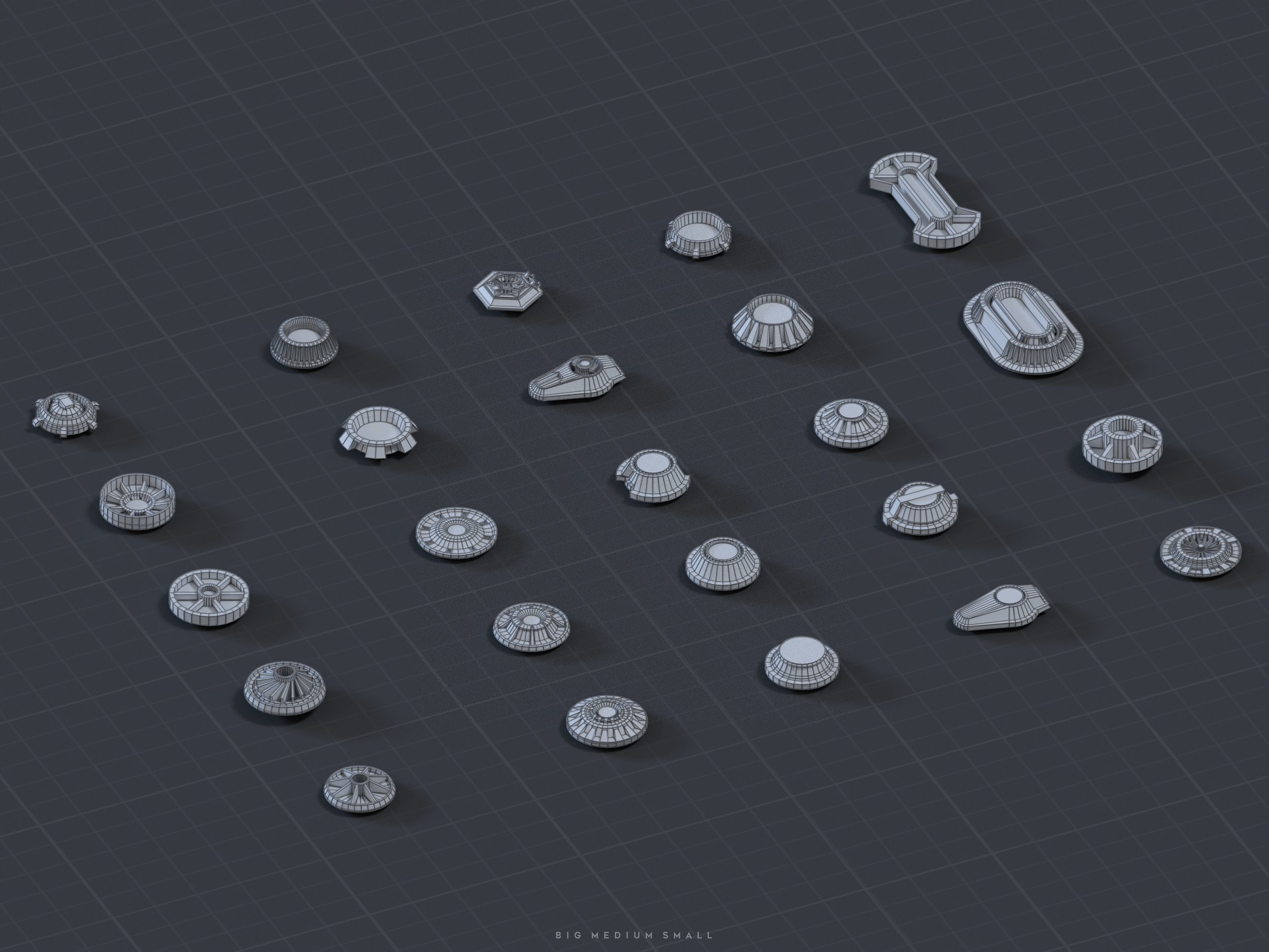the image shows a 3d wireframe render of various small mechanical parts, seemingly fittings or connectors.  they are scattered across a dark grey grid background, presented in an isometric perspective. the pieces vary in shape and size but have a consistent industrial aesthetic. the bottom of the image includes the text "big medium small," indicating size variations in the parts presented. the overall impression is a technical or engineering design visualization.