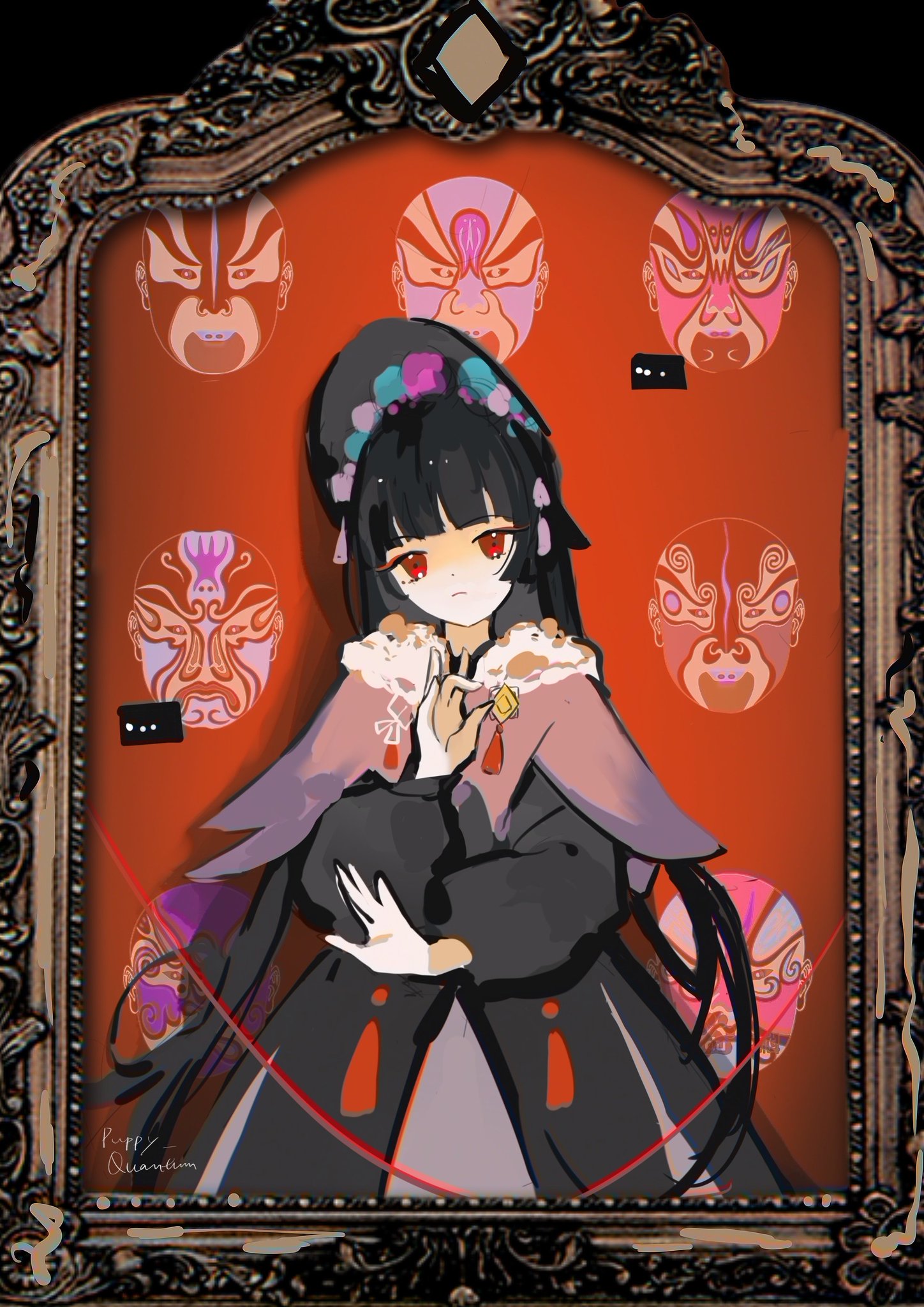 a portrait of a young anime girl with long black hair and red eyes, wearing a red and black dress and white gloves. she is surrounded by traditional chinese opera masks and is framed by a gold frame. the background is a solid red color.