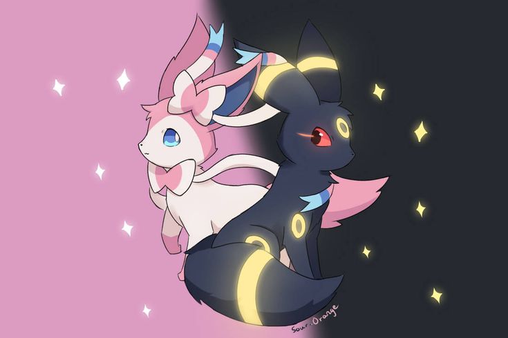 a digital drawing of espeon and umbreon from the pokemon franchise. espeon is on the left side of the image, in pink and blue, while umbreon is on the right in black and yellow. the background is a pink gradient on the left and a dark gradient on the right, which is an apparent yinyang design. there are sparkly light spots in the background. the two pokemon are standing in the middle of the image, looking in opposite directions. they are drawn in a cute anime style. the art is signed "sour_orange" in the bottom right corner.
