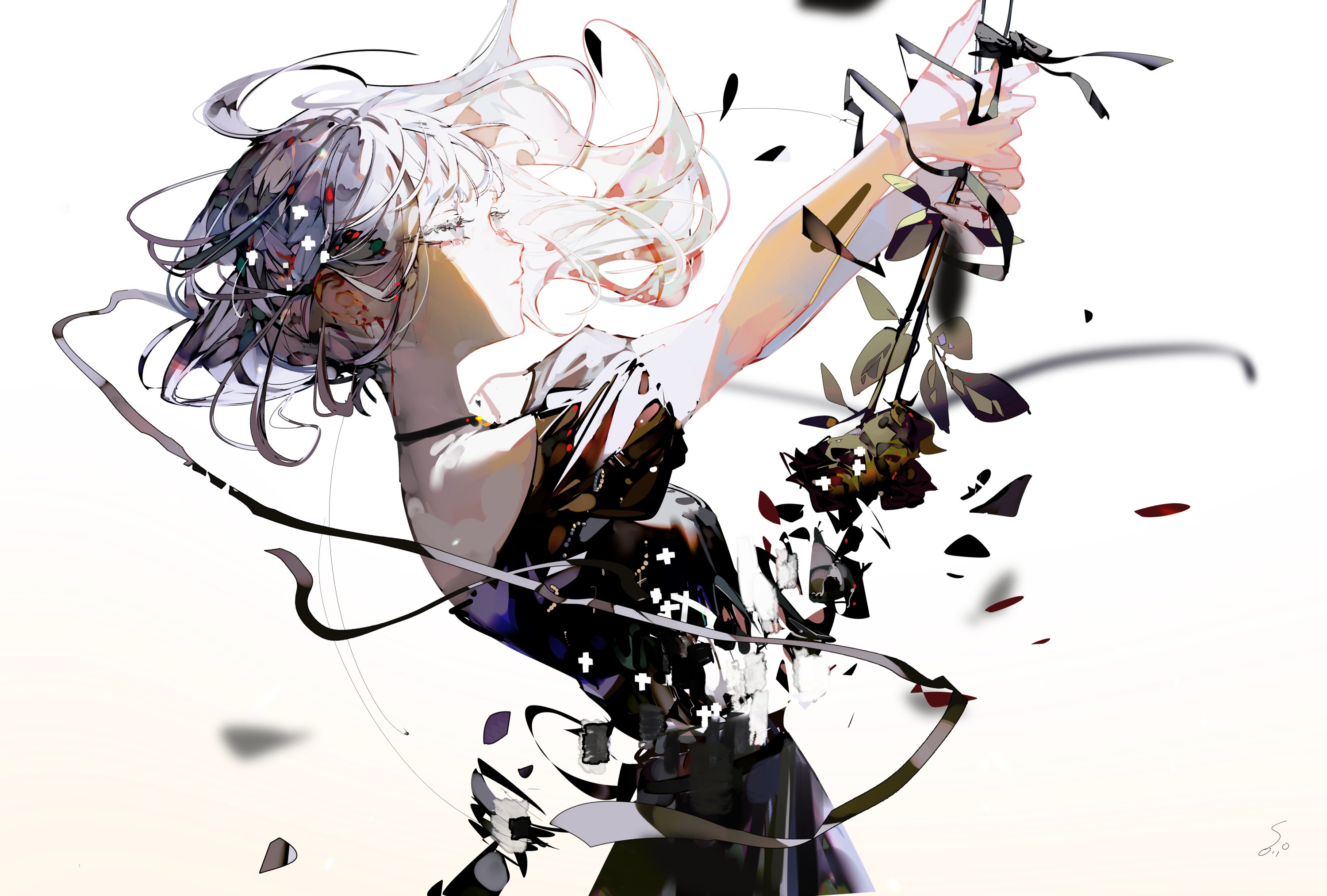 the image depicts a young woman with flowing white hair, partially obscured by black abstract lines and shapes. she holds a sword aloft in her right hand, from which black ribbons trail. a single dark rose, its petals scattering, is attached to the sword near her hand. the art style is reminiscent of anime and features a dynamic, actionoriented pose against a stark white background.