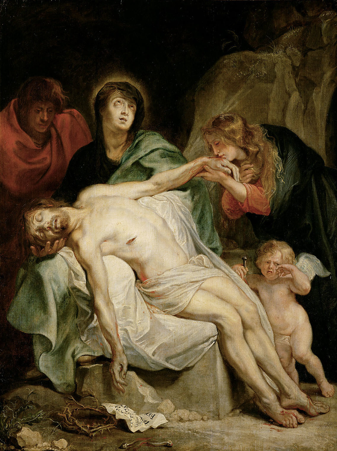 the painting depicts the lamentation of christ. in the center of the painting, the body of jesus lies upon a stone slab, his head resting in the lap of the virgin mary, who is seated on the left side. the figure of john the evangelist is positioned behind the virgin mary, while mary magdalene kneels before the body of jesus, kissing his hand. in the foreground, an angel, winged and nude, weeps in mourning and holds a small nail from the crucifixion. the scene is filled with sorrow and grief, highlighting the depth of human emotion in the face of death. the rich colours, vibrant and lifelike textures, and detailed compositions are characteristic of van dyck's baroque style.