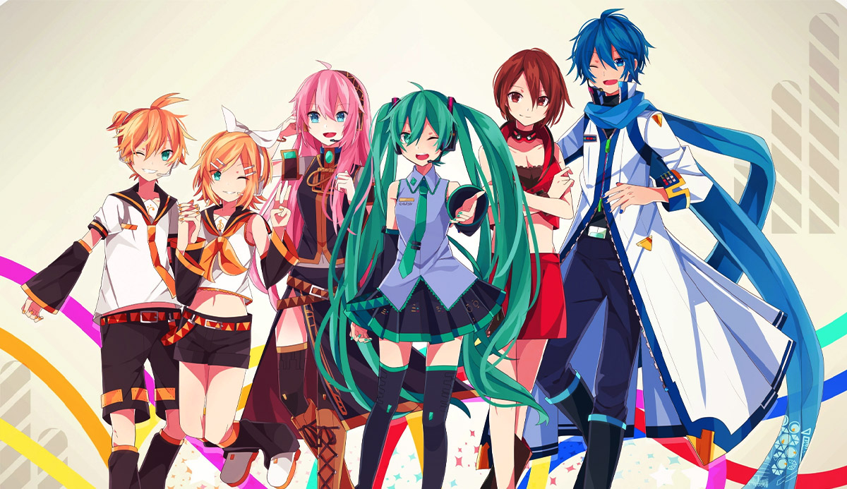 a brightly colored drawing in an anime style of six vocaloid characters. they are, from left to right, kagamine len, kagamine rin, megurine luka, hatsune miku,  meiko, and kaito. each is stylized with colorful outfits and hair and they're shown from the knees up in front of a creamcolored background with multicolored abstract lines.
