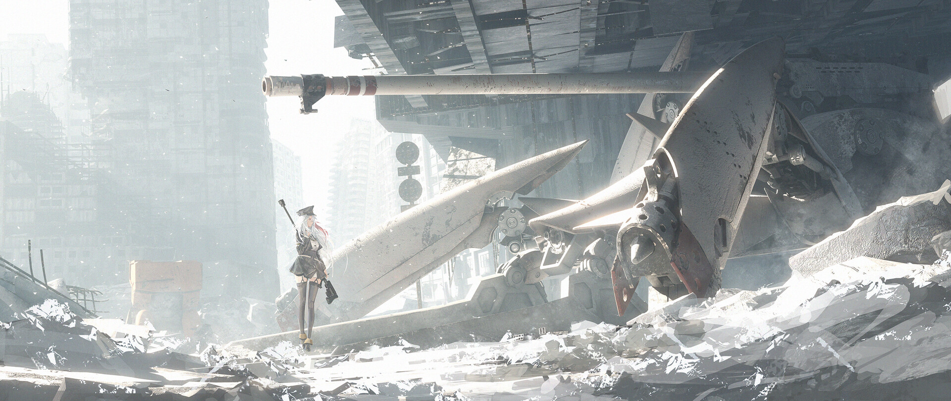 the digital artwork depicts a lone female soldier standing amidst a devastated city. the environment is bleak and monochromatic, dominated by grays and whites. the soldier, dressed in a short white uniform and carrying a rifle, stands in the foreground, facing away from the viewer. behind her, the remnants of a crashed aircraft dominate the scene, its broken fuselage and wings strewn across a field of rubble. the city in the background is shrouded in dust and debris, conveying a sense of utter destruction. the bright sunlight casts long shadows, highlighting the devastation and creating a sense of somber solitude. the overall impression is one of a postapocalyptic world, where humanity struggles to survive in the ruins of its past.