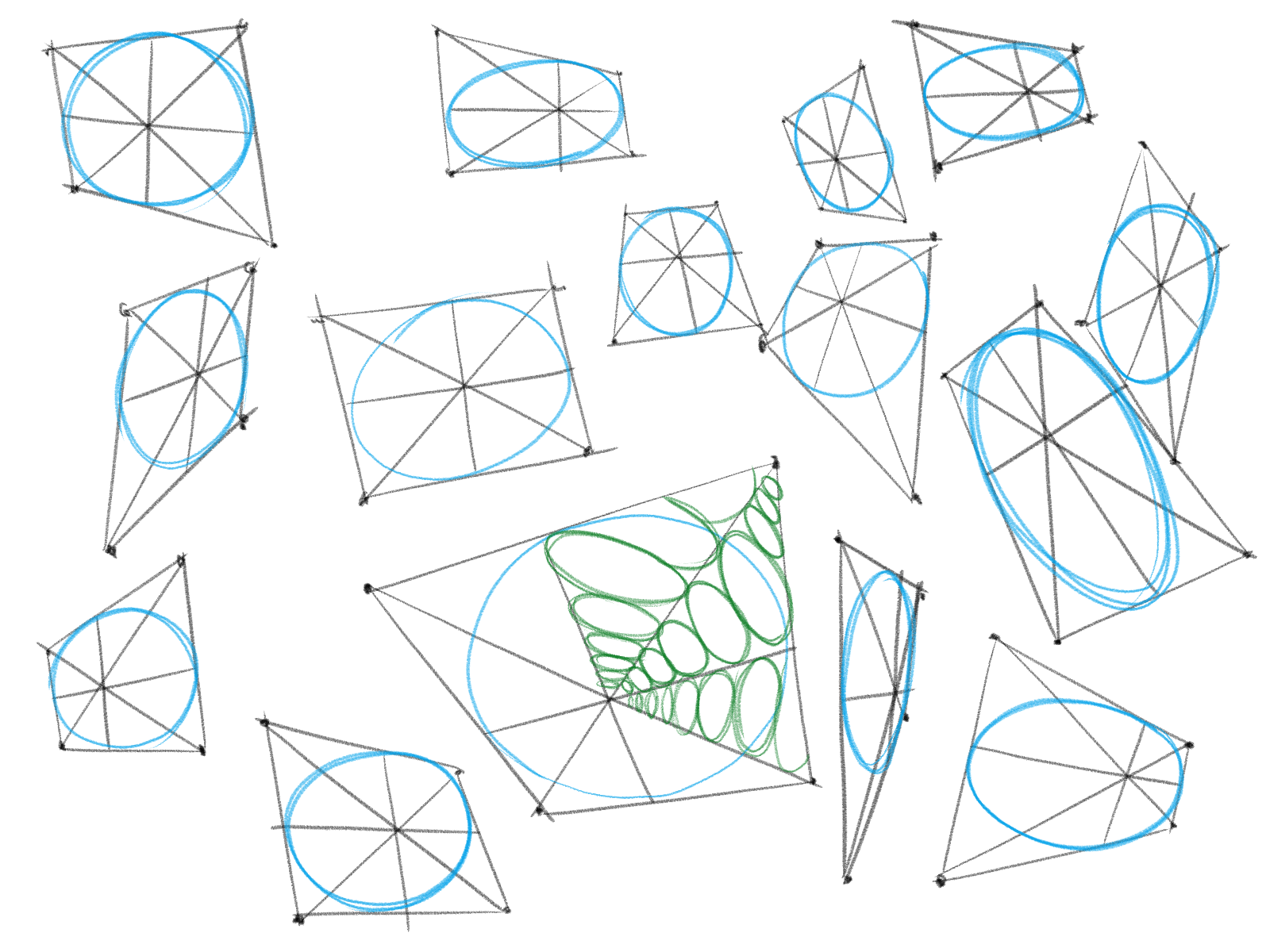 he image contains a collection of handdrawn geometric shapes, primarily circles and ellipses, rendered in perspective. the shapes are enclosed within simple geometric frameworks suggesting depth and threedimensionality.  lines radiate from the center of each shape, guiding the eye to understand their form and the illusion of space. some shapes are blue, while others are implied by the lines forming the structure, suggesting a layering effect. a notable element shows a series of nested ellipses in green, adding another layer of visual complexity within a larger, angled, geometric frame. the overall style is loose and sketchy, indicating a focus on concept rather than precise rendering.