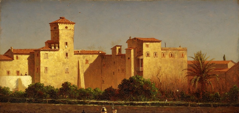 the painting depicts a sunlit view of a large building complex with a tall tower, possibly a castle or an estate, surrounded by lush gardens and palm trees. the architectural style suggests an italian setting, and the scene captures the play of light and shadow on the building's surfaces. the artwork is likely from the 19th century.