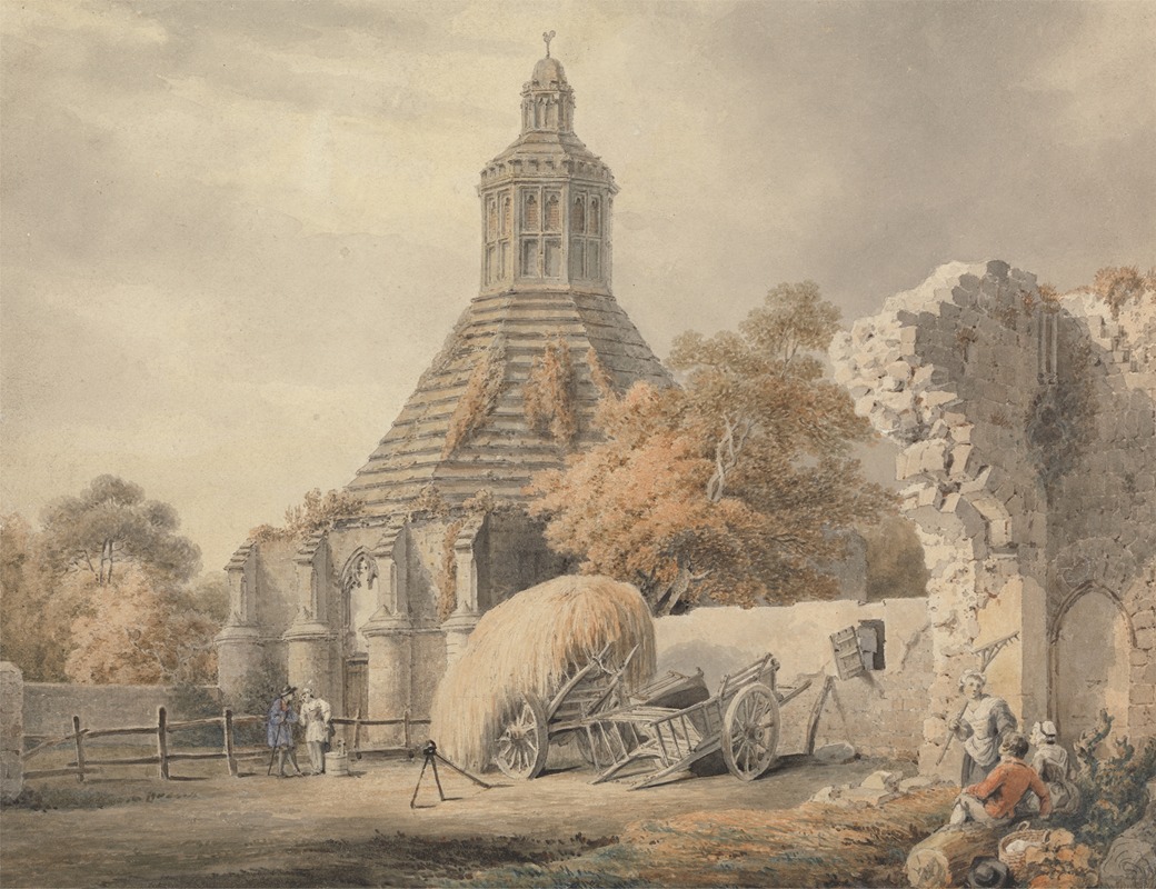 the image is a watercolor painting of a rural scene featuring a unique building, possibly a church or a large structure, with a conical roof and a towerlike top. part of the building is in ruins. a wagon loaded with hay is parked in front of the building. several people are present, some standing near a fence and others gathered near the ruins. the surrounding environment includes trees and a general landscape that suggests a peaceful, countryside setting. the overall tone is reminiscent of 18th or 19th century art, emphasizing architectural details and a serene natural environment.