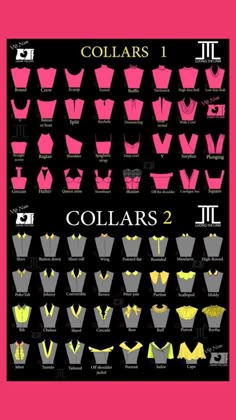 this chart illustrates various types of collars, divided into two sections  "collars 1" and "collars 2". each section showcases a variety of collar designs, each labeled with its specific name. the chart is designed to be a visual guide for fashion designers, tailors, and anyone interested in understanding different collar styles.