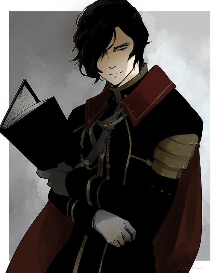 the image is a digital painting or illustration of a young man with dark, sideswept hair. he is dressed in a dark, elaborate uniform with red and gold accents, which appears to be military or officerlike in style. he is holding a large, thick book and has a somewhat serious yet confident expression. the background is a dark, muted grey, and the overall style is dark, elegant, and somewhat mysterious.  the art style is reminiscent of anime and manga.