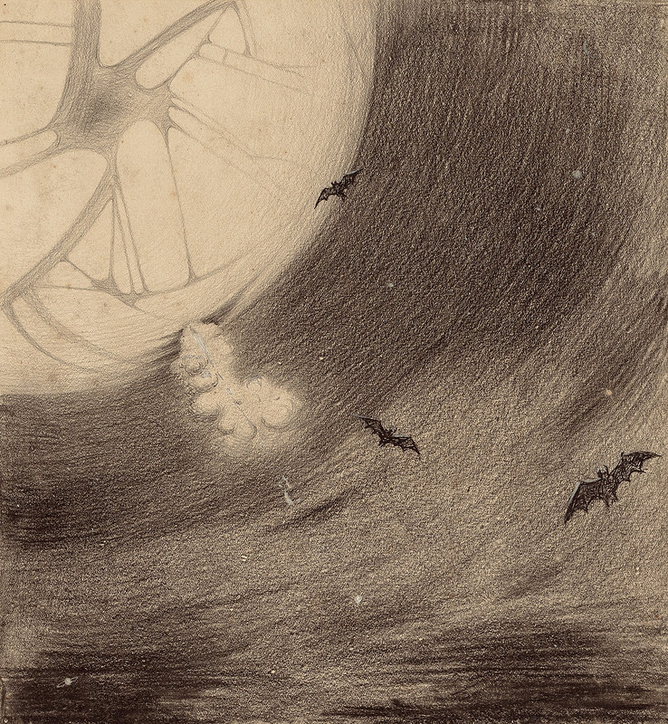 the image is a vintagestyle illustration, likely depicting a spooky halloween scene. a large, intricately detailed moon hangs low in the sky, partially obscured by swirling clouds. three bats fly in formation against the moonlit sky. the overall palette is dark and moody, contributing to the eerie atmosphere.