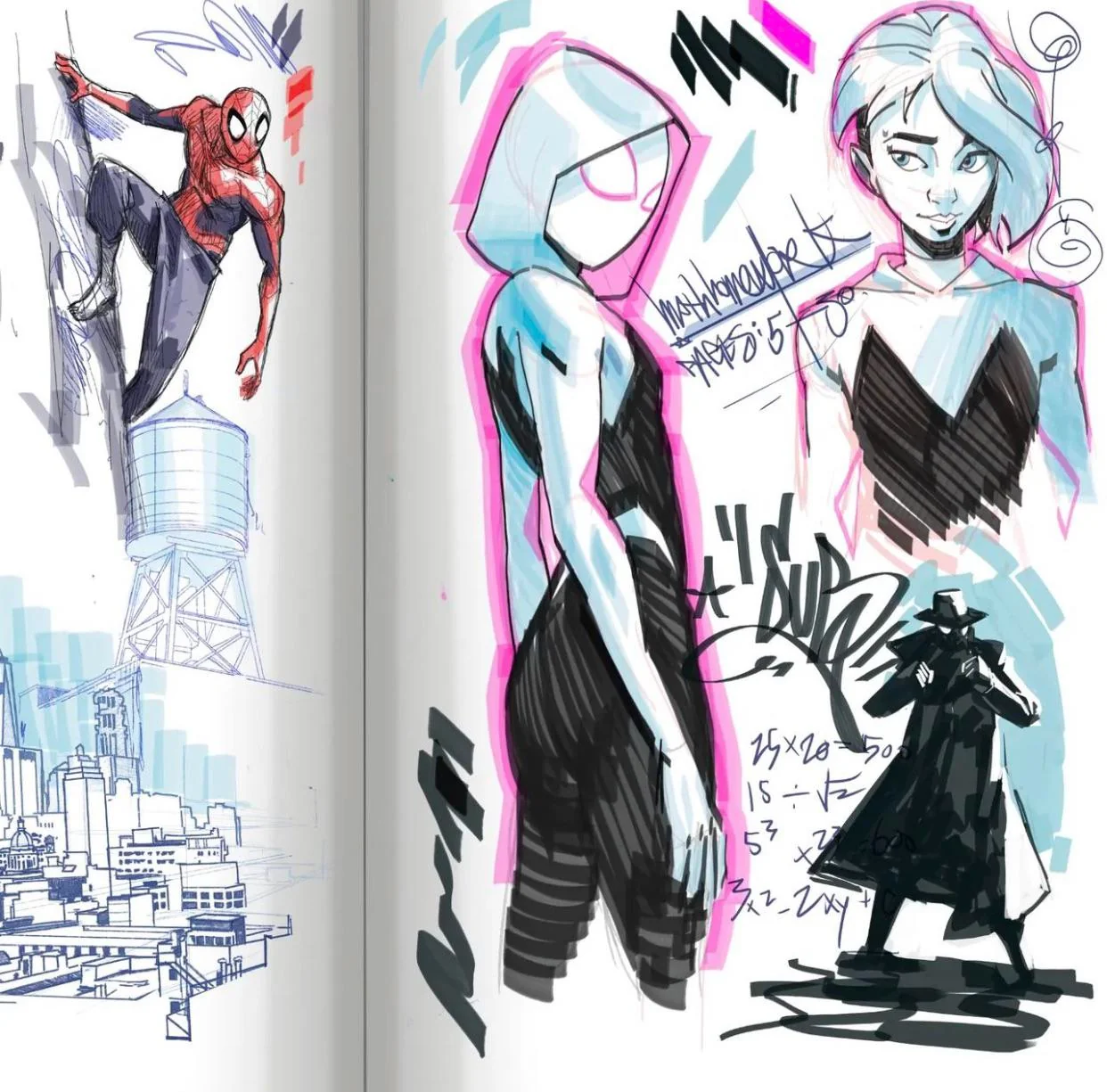 the image showcases a sketchbook page filled with vibrant drawings of marvel comic book characters, including spiderman and spidergwen. on the left page, a dynamic sketch of spiderman clinging to a water tower, overlooking a stylized new york city cityscape, is presented. the right page features multiple sketches of spidergwen in various poses and styles. alongside these figures are written notes and mathematical calculations, offering a glimpse into the artist's creative process. the drawings are executed in a dynamic, energetic style, employing a mix of black ink, marker, and hints of pink and purple hues. the sketchbook page evokes a sense of artistic exploration and the dynamic energy of the superhero world.
