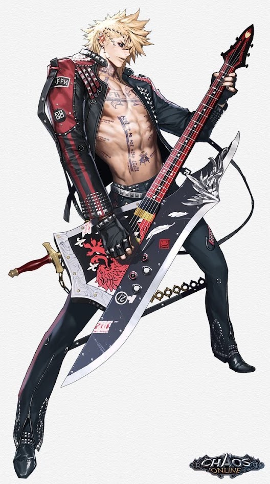a digital illustration depicting a male anime character from chaos online. he's wearing a black leather jacket with red accents, black pants and boots, and has spiky blonde hair. the character has tattoos across his torso and arms, and is playing a black electric guitar with a sword attached to the front.