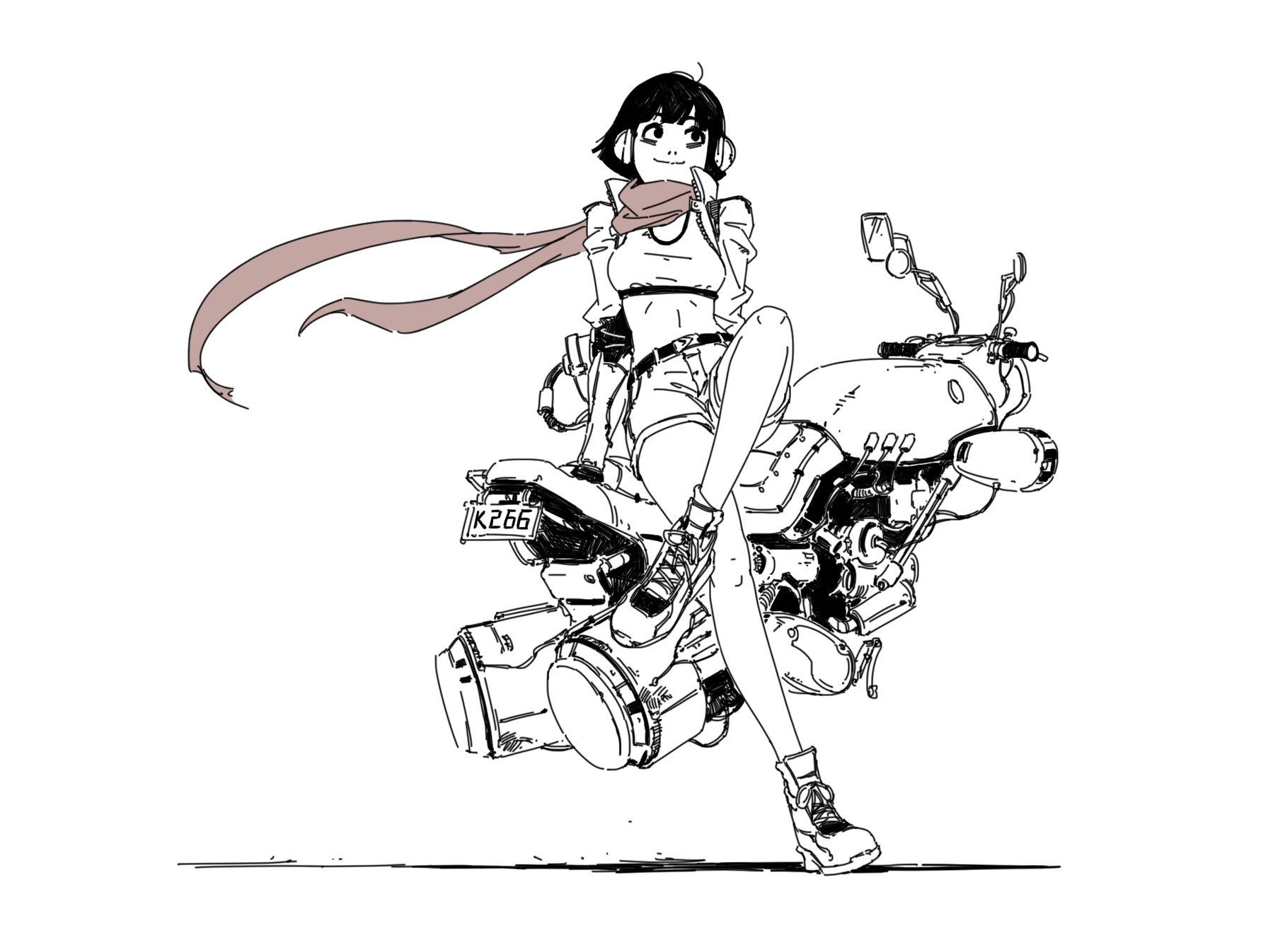 the image is a black and white illustration of an animestyle girl sitting on a futuristic motorcycle. she is wearing headphones, a scarf, and casual clothing. the motorcycle is highly detailed and has a futuristic design. the style of the illustration is reminiscent of manga or cyberpunk art. the overall tone is cool and stylish.