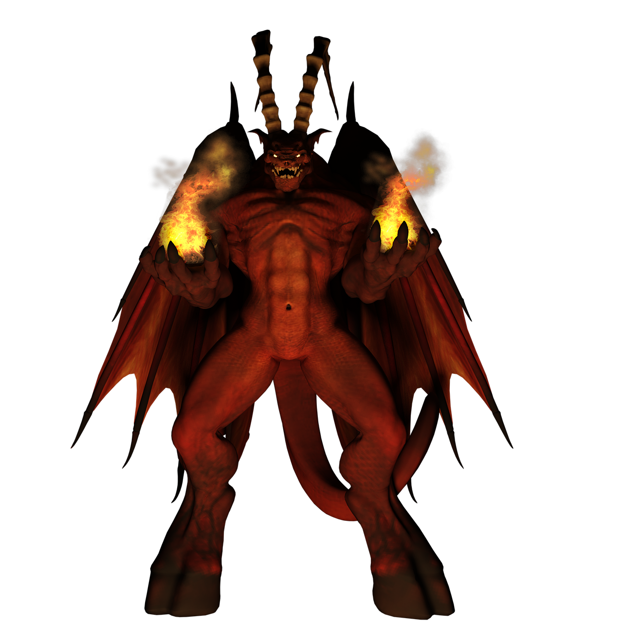 a 3d rendered image of a red demon with horns, wings, and a tail, holding balls of fire in each hand against a black background. the demon is muscular and menacing.