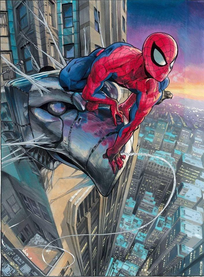 this image depicts a dynamic and actionpacked scene featuring spiderman, a beloved comic book superhero, swinging through the skyscrapers of new york city. the illustration showcases spiderman in his iconic red and blue suit, with his mask revealing his determined eyes. he is perched on a gargoyle perched atop a tall building, seemingly in the midst of an exciting adventure. the cityscape below is a bustling canvas of lights and shadows, with buildings stretching into the distance. spiderman's web shoots out from his wrist, trailing through the air and adding to the sense of motion and excitement in the scene. this artwork captures the essence of spiderman's thrilling adventures and his powerful presence as a protector of the city.