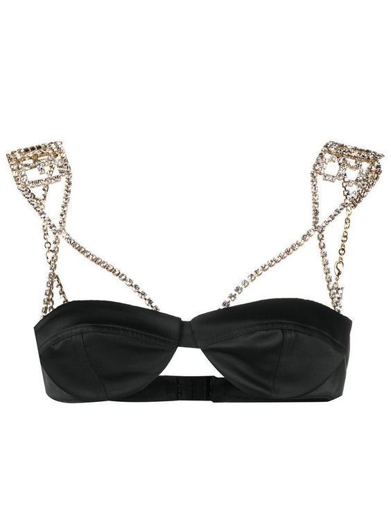 a black bra with crystal encrusted straps, with a close up of the cups. the straps are adorned with sparkling crystal stones on a chain. the