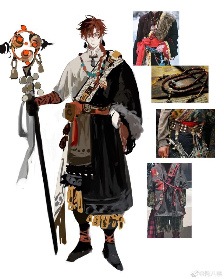 this is a digital illustration of an anime character with brown hair and eyes. he is wearing a traditional asian outfit with a long black robe, fur lined collar, a belt with gold details and beads, and a red sash. he is holding a staff with a mask at the top. the staff has beads and feathers. the background is white and there are small squares with different pieces of clothing or accessories which show more detail.  the overall image is a cool and unique design of a character wearing a traditional asian outfit.