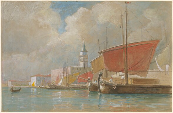 painting of a harbor in venice with sailboats, gondolas, and buildings including a tower. the sky is cloudy and the water is calm.