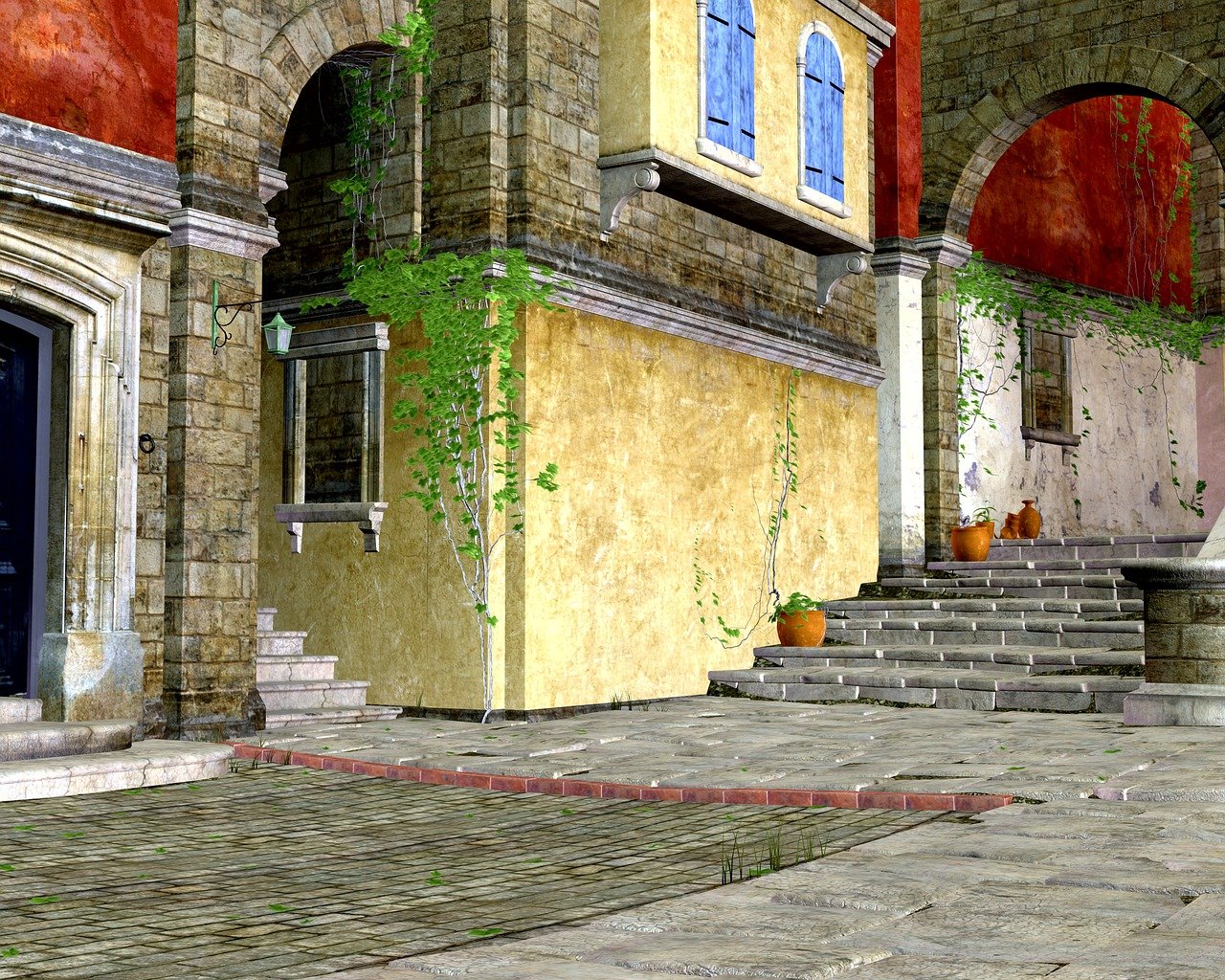 the image shows a european style building with stone architecture, arches, and stairs. there are plants growing on the building and potted plants on the stairs. the facade includes a yellow wall and windows with blue shutters. the street and walkway are made of cobblestone.