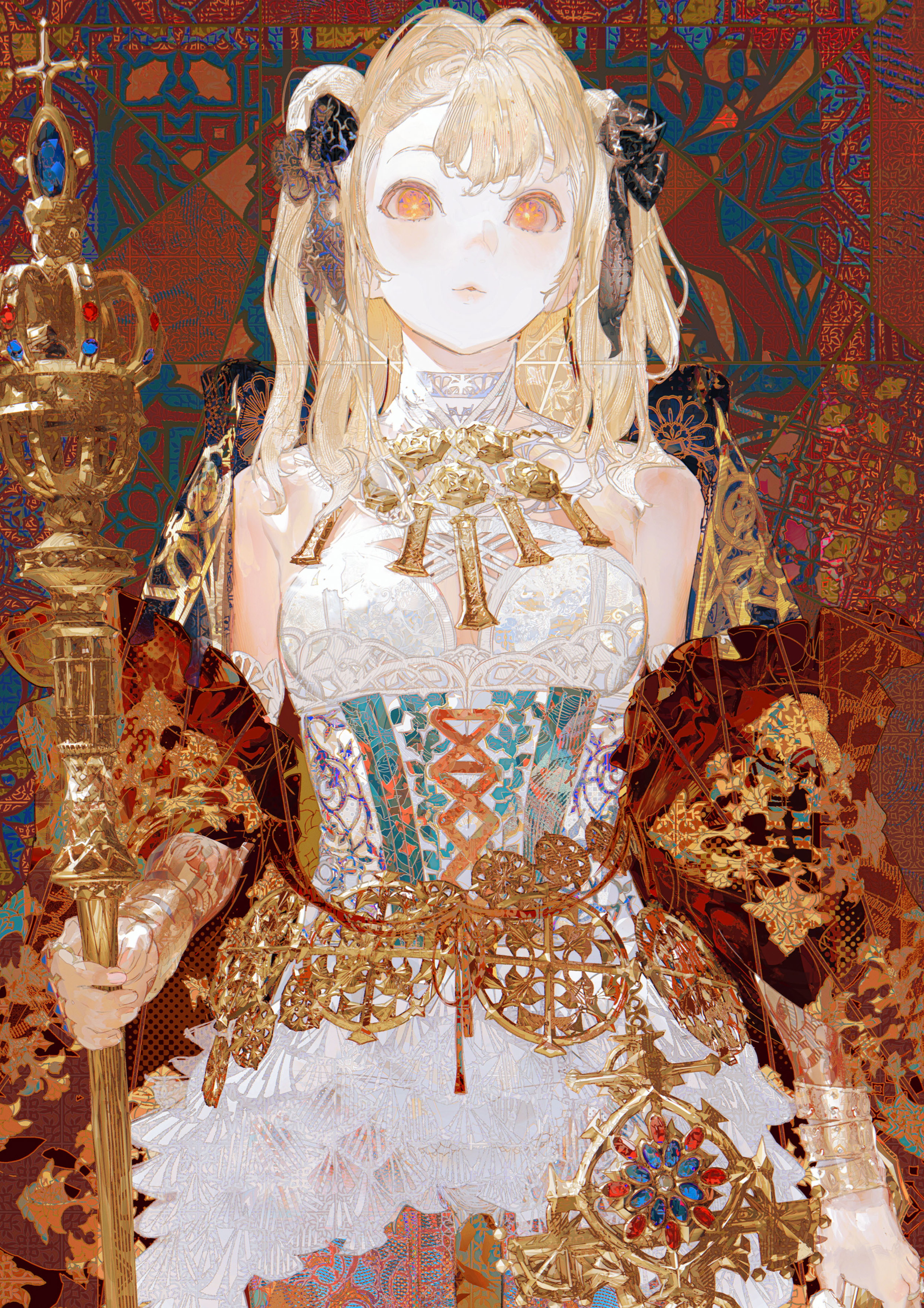 he image showcases a meticulously detailed animestyle illustration of a blondehaired girl, possibly a princess or queen. she is adorned in an extremely ornate and luxurious gown, rich in gold and intricate detailing. the clothing features elements of medieval or fantasyinspired designs, including a corsetlike bodice and layered skirts.  she holds a golden scepter topped with a crown, and a large, ornate golden cross is prominent near the bottom of the image. the background is a tapestrylike pattern of rich reds and golds, further emphasizing the luxurious and regal nature of the scene. the girl's expression is serene yet commanding, enhancing the overall sense of power and majesty. the artwork's style suggests a blend of digital painting and illustration techniques, with a focus on achieving a highly realistic and detailed rendering of the clothing and textures.