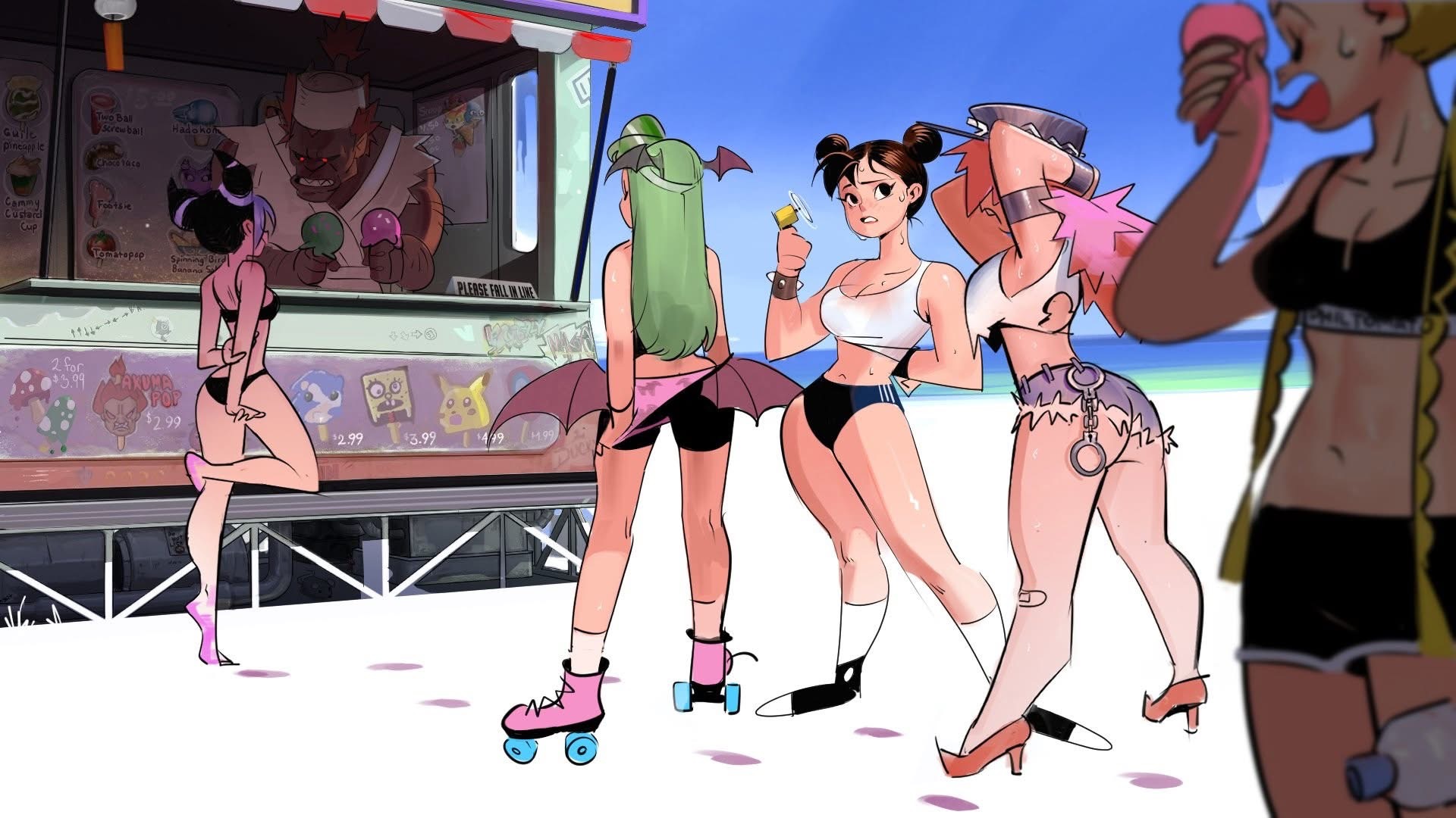 the image shows a group of women who are characters from the street fighter video game franchise standing at an ice cream stand on the beach. from left to right, the women are chunli, juri, poison, and menat. akuma is serving ice cream in the stand.chunli is wearing a black bikini and pink ballet shoes. juri is wearing black short shorts and a pink top, has green hair, is wearing roller skates, and also has a batlike umbrella behind her. poison is wearing black short shorts, a white top with black trim, heels, and a hat, and is holding an ice cream bar. menat is wearing black short shorts, a black top, and has long, braided blonde hair, while holding a water bottle to her face. akuma is a muscular man with red eyes and is wearing a white robe. he is holding a green and pink ice cream ball.the ice cream stand is colorful and has various ice cream options, including "gulle," "cammy custard cup," "tomatepop," and "ayuma pop". the stand also features cartoonthemed ice cream pops like sonic the hedgehog, spongebob squarepants, and pikachu. a sign on the stand reads "please fall in live".