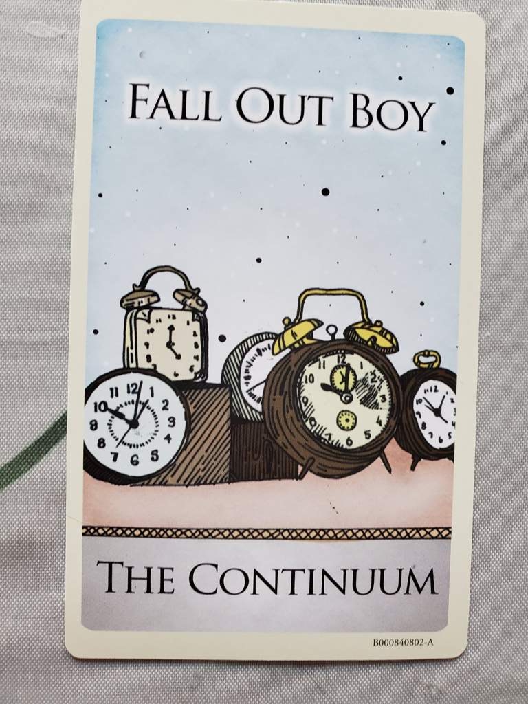 the album cover for fall out boy's 2007 album "the continuum." the cover features four clocks, three of which are alarm clocks. the clocks are against a light blue background with scattered stars. the album title is written in a bold, black font at the bottom of the cover.  the band's name is written at the top.  this album was released on september 4, 2007.