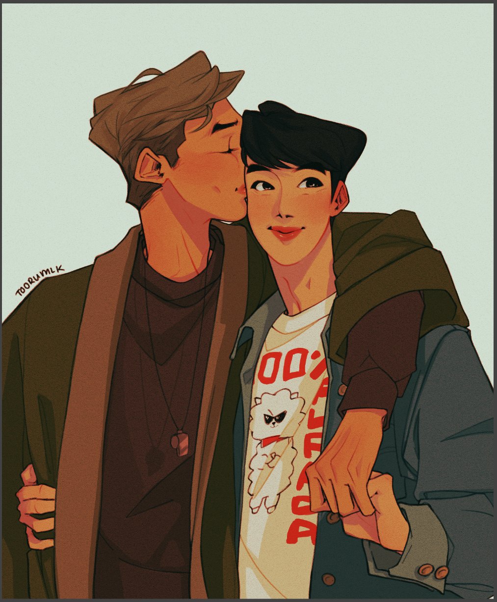 two men depicted in a cartoon style are standing close together. one man is kissing the other on the side of the head. the man being kissed is smiling. the man kissing has an arm around the other. they are also holding hands.