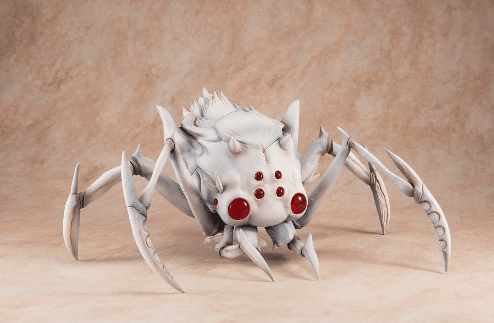 a closeup shot of a white spiderlike creature model or figurine with red eyes. the creature has eight legs, each ending in sharp claws, and a textured, almost furry body. the background is a light brown, providing a neutral backdrop that highlights the details of the model. the image is welllit, showcasing the creature's intricate details and features.  the overall style suggests science fiction or fantasy.