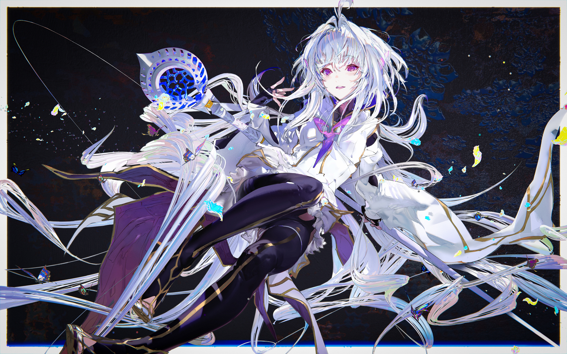 he image showcases an animestyle girl with flowing white hair, purple eyes, and a dynamic pose. she's dressed in a white dress with gold accents and black leggings, holding a unique, ornate staff. the background is dark and abstract, featuring splashes of color and floating butterflies, creating a whimsical and magical atmosphere.  the art style is highly detailed and vibrant, emphasizing movement and fluidity.