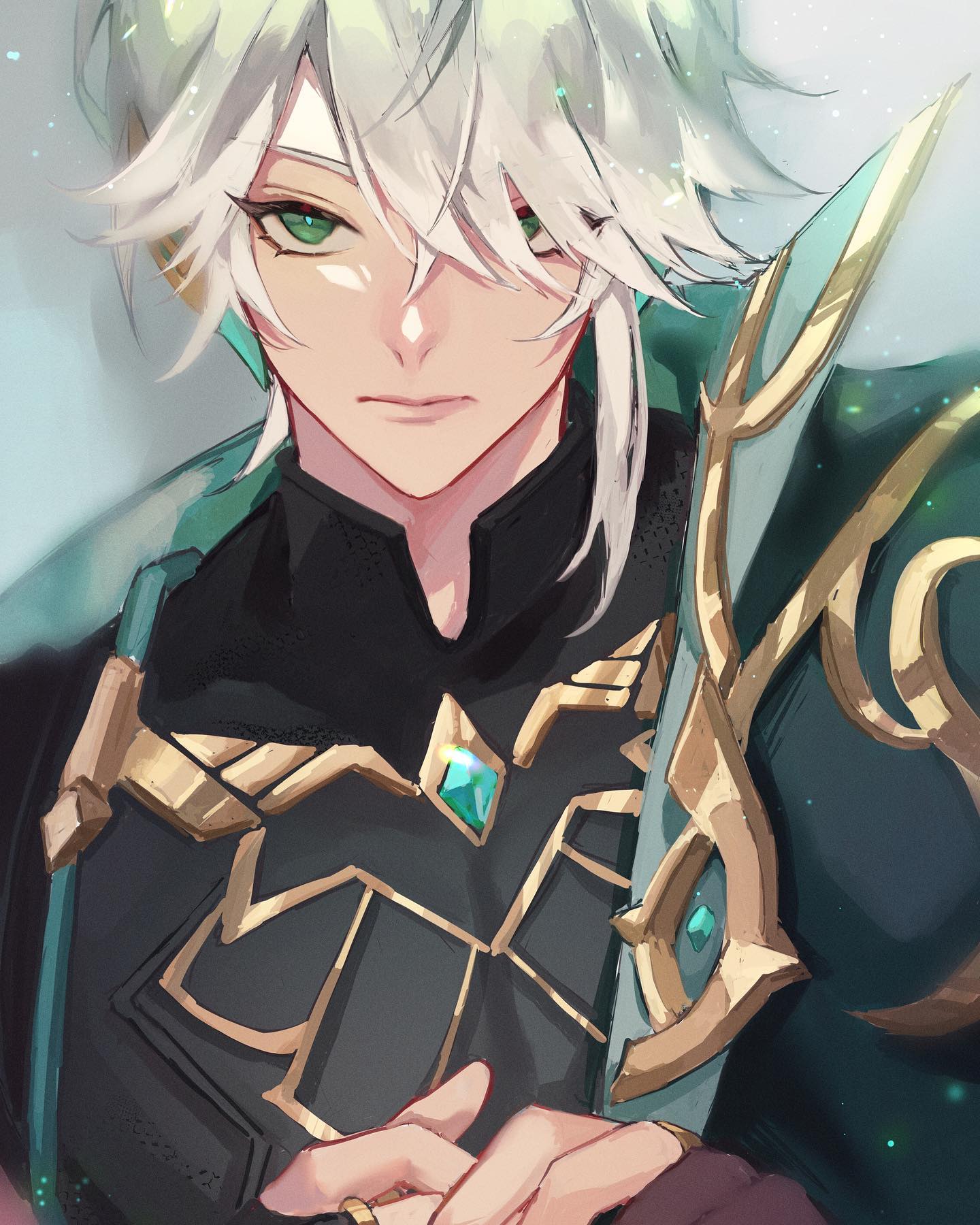 the image is a stylized digital fan art portrait of a male anime character, likely from the video game genshin impact.  the character is depicted from the chest up, offering a closeup view of his face and upper body. he has long, flowing white hair with light green highlights and striking green eyes. his attire is elaborate and detailed, featuring a darkcolored, almost black, tunic with gold and teal accents. ornate gold and teal designs adorn his shoulders and arms, suggesting armor or highstatus clothing. a large jade or teal gemstone is prominently displayed on his chest.  his expression is serious and somewhat reserved, giving off an air of elegance and quiet strength.  the art style is painterly, with soft blending and subtle highlights that create depth and texture. the background is a muted, soft grayblue, drawing focus to the character.