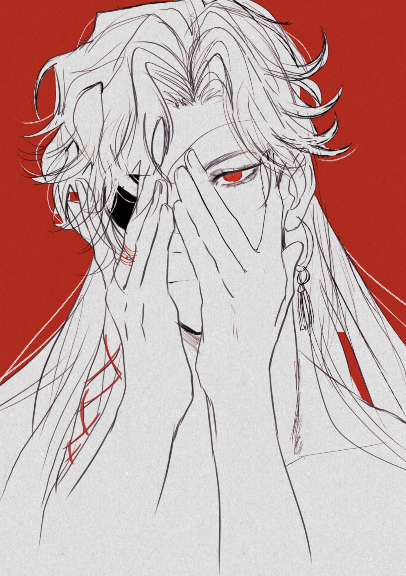 a digital sketch of an anime male character with white hair covering his red eyes. the character has a scar on his left arm and is wearing an earring. the background is red and the character's expression is obscured.