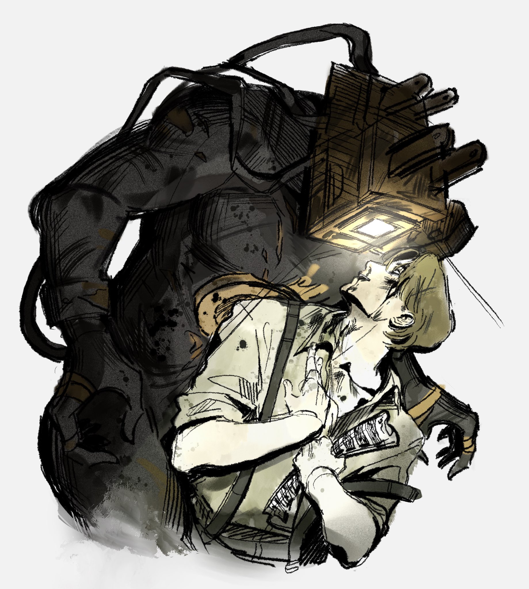 the image depicts a scene from the video game "bendy and the ink machine." the monstrous projectionist, a creature made of ink with a projector for a head, looms over a man named sammy lawrence. the projectionist appears to be embracing sammy, but its claws are digging into his back, suggesting a lethal embrace. the lighting is dramatic, with the projectionist's projector casting a bright light on sammy's terrified face.