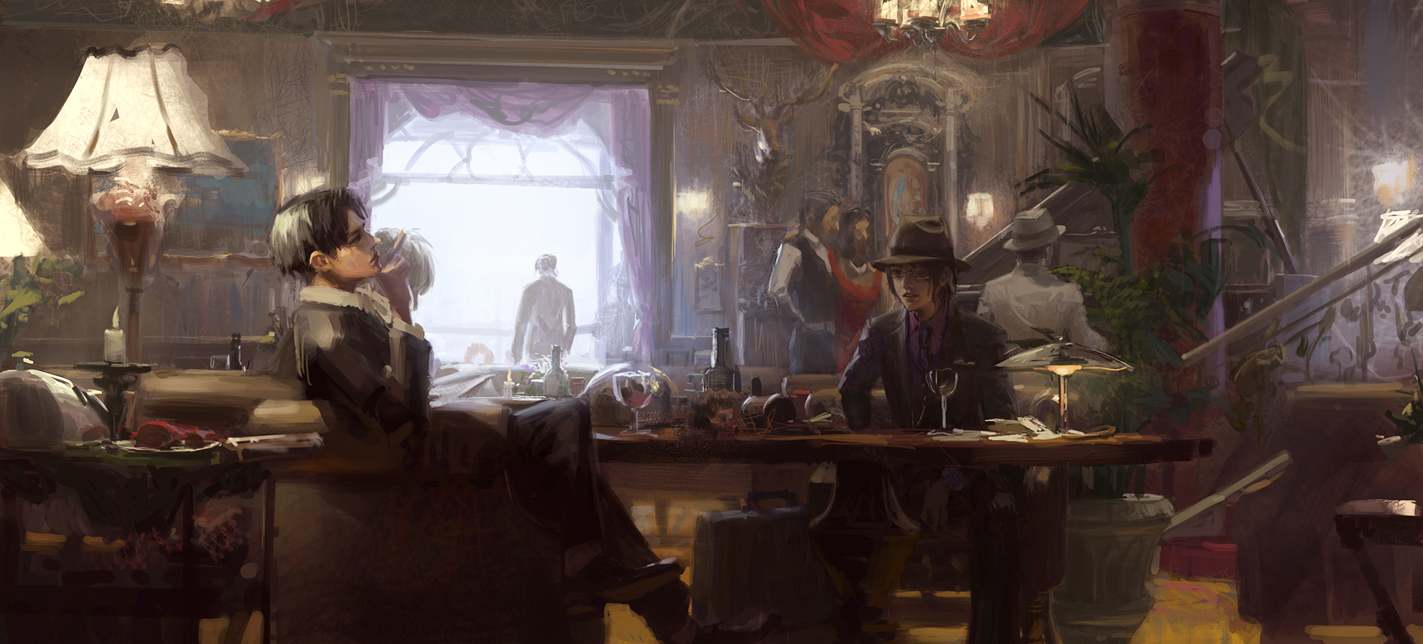 this is a digital painting depicting a dimly lit, vintage interior scene. several men are present, some wearing suits and fedoras, which suggests a time period in the past. in the foreground, two men are closely positioned, possibly engaged in conversation or intimacy. another man stands near a window, looking out. a table filled with wine bottles and glasses is visible, along with antique furniture, plants, and a stairway in the background. the overall atmosphere is moody and evocative.