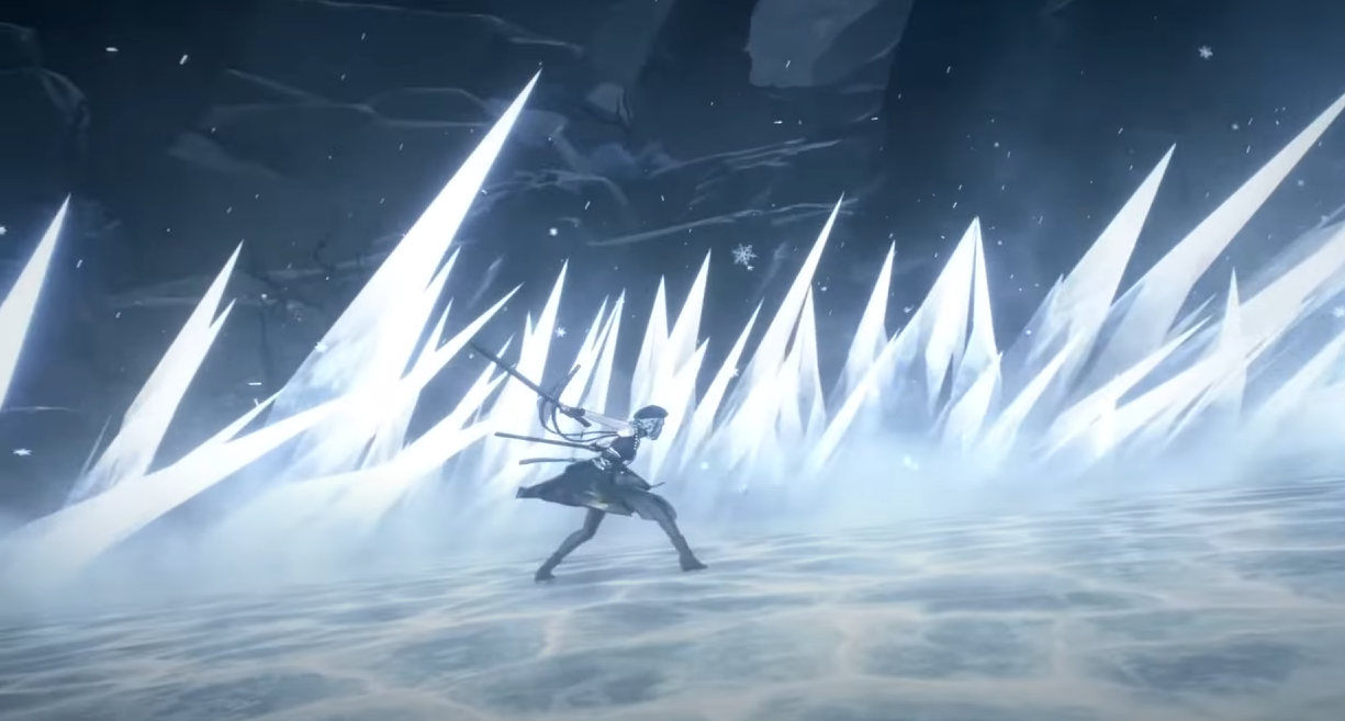 an animestyle female warrior in a black and white outfit wields a sword while standing amidst a field of tall, sharp ice spikes in a snowy, cavelike environment. the lighting is diffused and cool, creating a sense of danger and suspense. the perspective is from the side, showcasing the full length of the ice spikes and the warrior's poised stance.